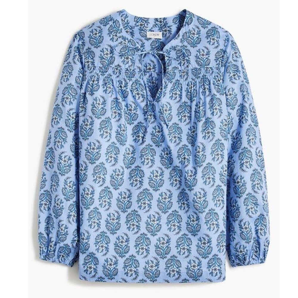 J. Crew Blue Floral Split Neck Popover 3/4 Sleeve Cotton Top - XS